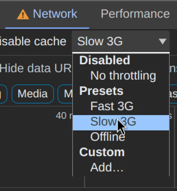 chụp màn hình tại cửa sổ Network, tùy chỉnh slow 3G