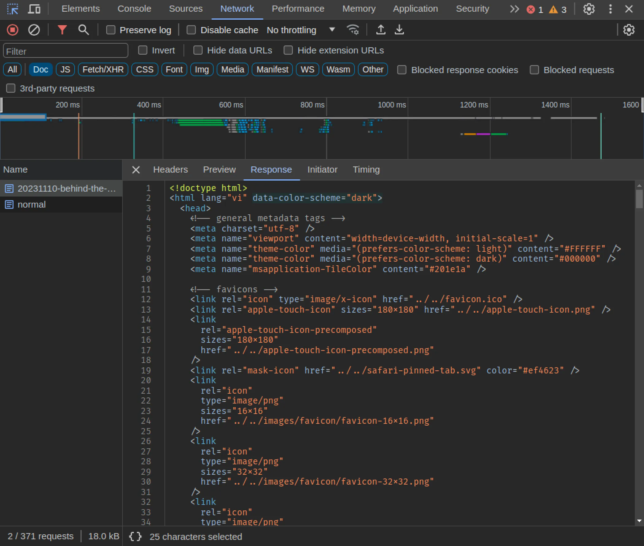 Screenshot of Chrome Devtools Network tab, showing the correct data-color-scheme attribute