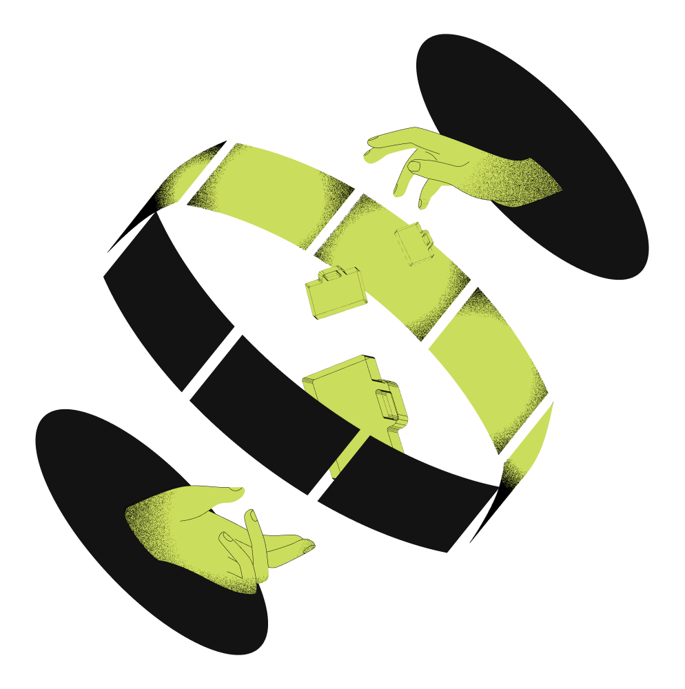 hands passing suitcases through a circular band